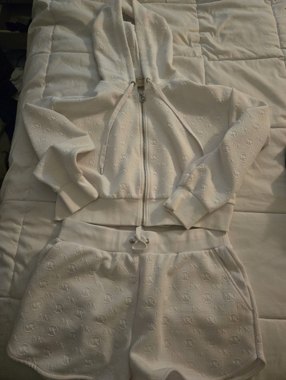 Michael Kors White Embossed Zip Hoodie & Shorts Set